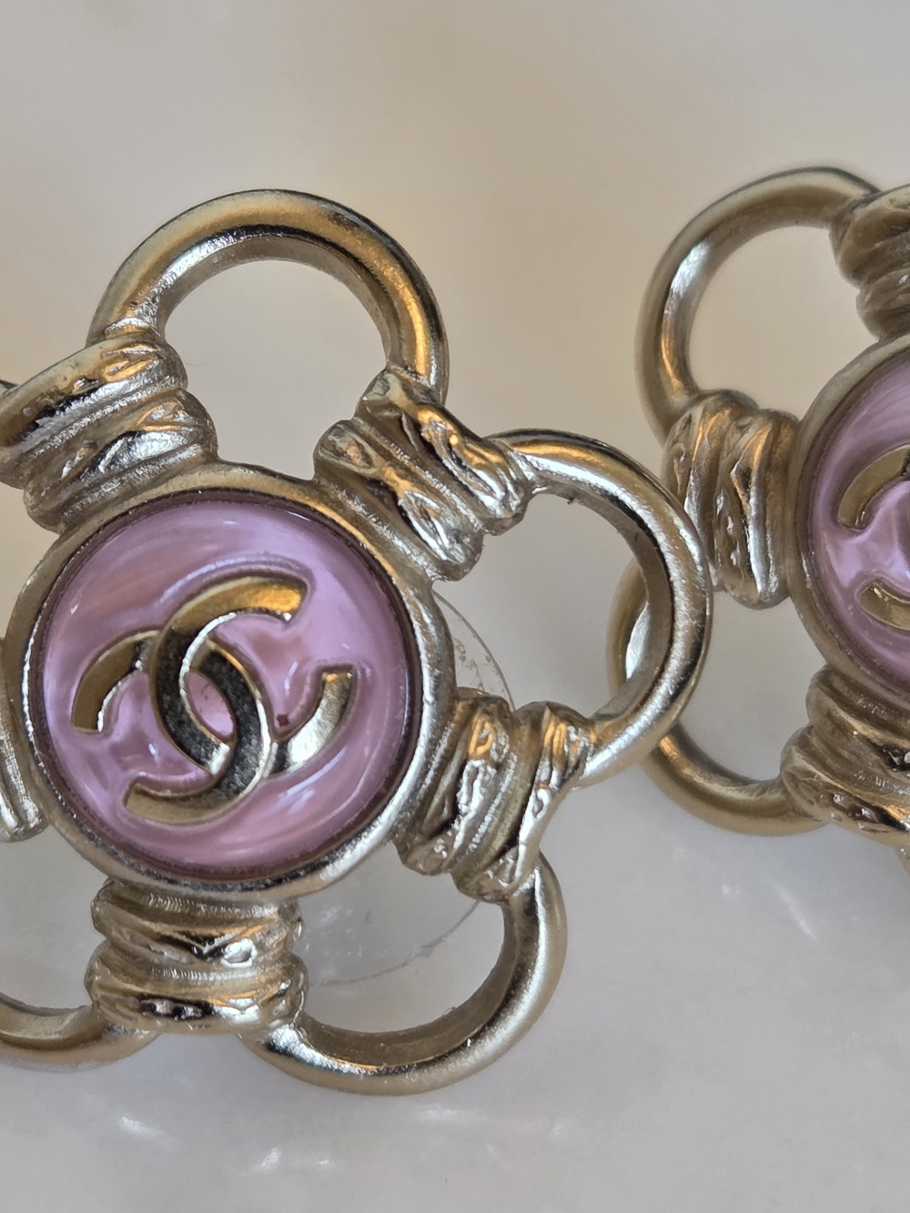 CHANEL Pink Camellia Logo Gold-Tone Stud Earrings Opalesque Swirl Statement Stud - Picture 6 of 15